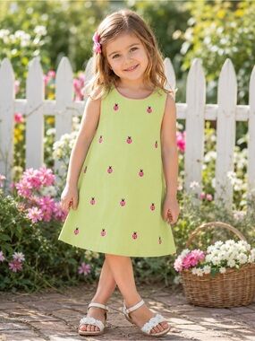 Rare Editions Girls Size 4 Ladybug Embroidered Dress Green Pink 100% Cotton